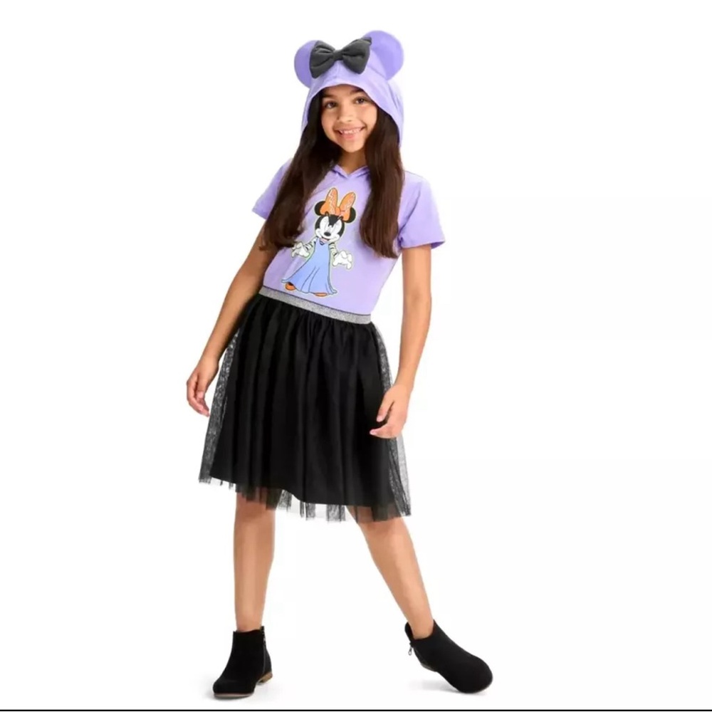 Disney Girls Large Purple & Black Minnie Mouse Hooded Tulle Halloween Dress NWT
